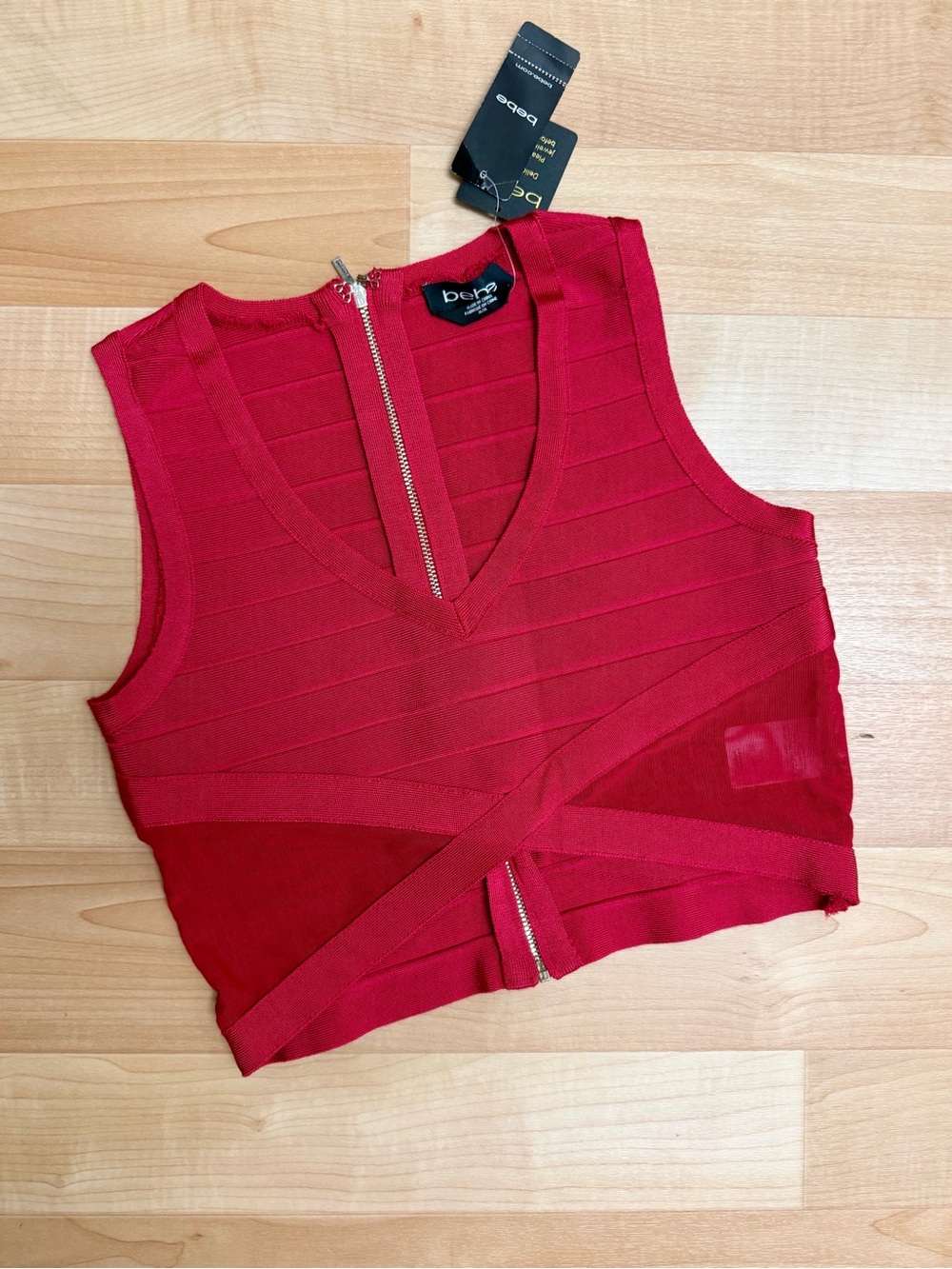 NWT Bebe Red Cropped V-Neck Bandage Top Size M Mesh Panels Back Zip Y2K